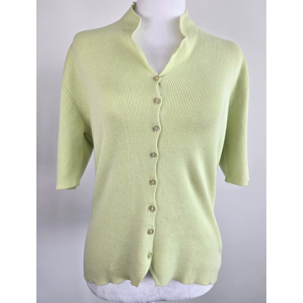 Vintage Jessica Cotton Lime‎ Green Wavy Collared Short Sleeves Sweater Button Up